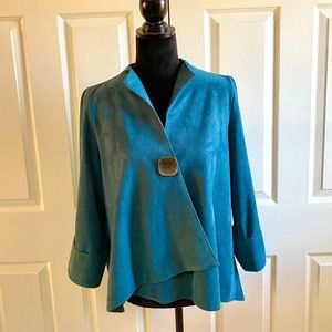 IC by Connie K teal colored faux micro suede asymmetrical jacket